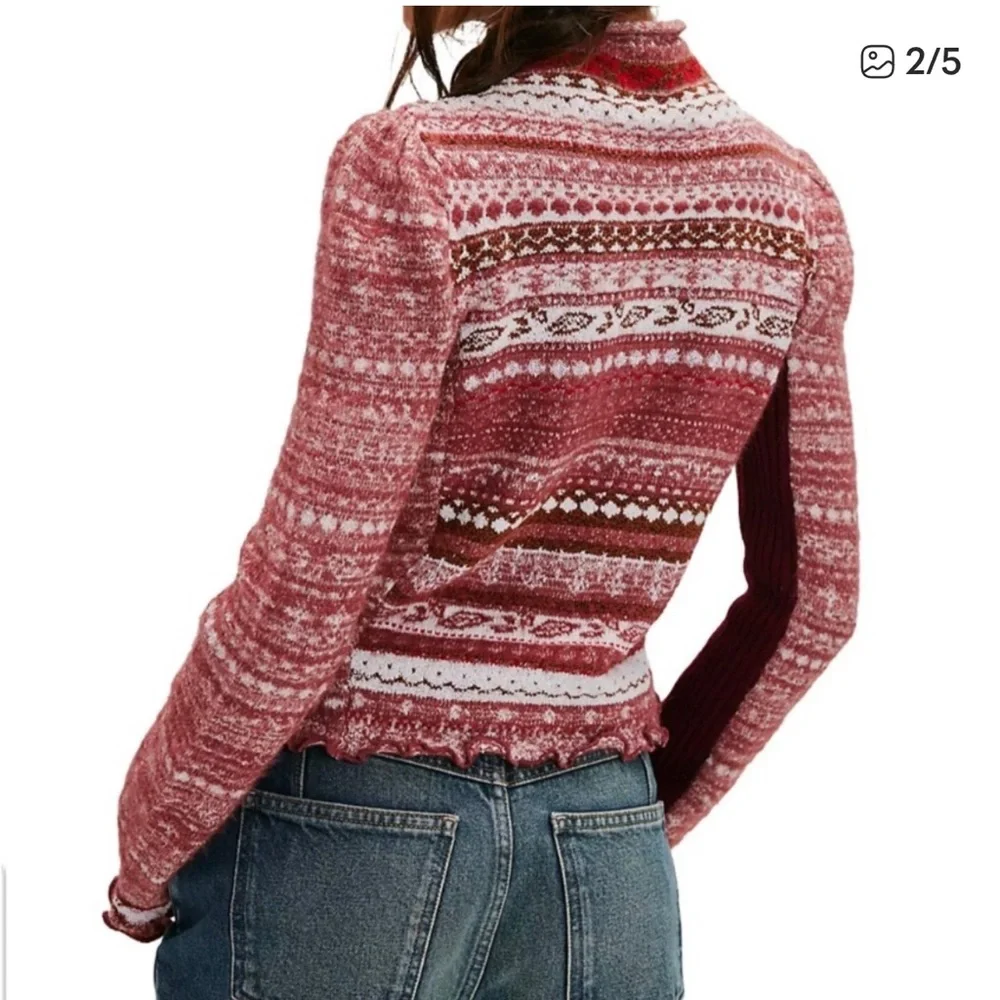 Free People Red & White Fair Isle Turtleneck Sweater